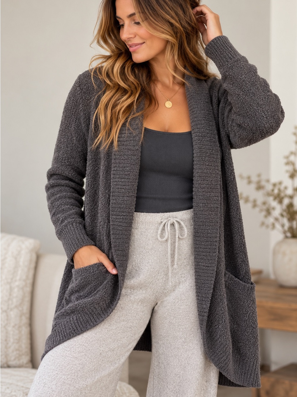 Barefoot Dreams CozyChic Lite Cardigan Charcoal Gray Shawl Collar Bamboo Knit